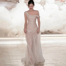 Modern Tulle Mermaid Party Dresses One Shoulder Pleat Prom Gown Floor-Length