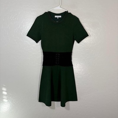 Sandro Sweater Dress Womens 2 Green Knit Fit & Flare Corset Waist Short Sleeve