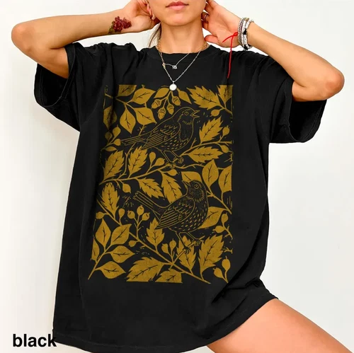 Vintage Songbird Botanical Floral Nature Graphic T Shirt - product listing photo