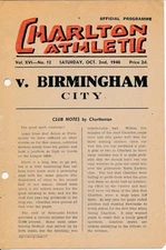 Charlton Athletic v Birmingham City 1948/1949 - Football Programme