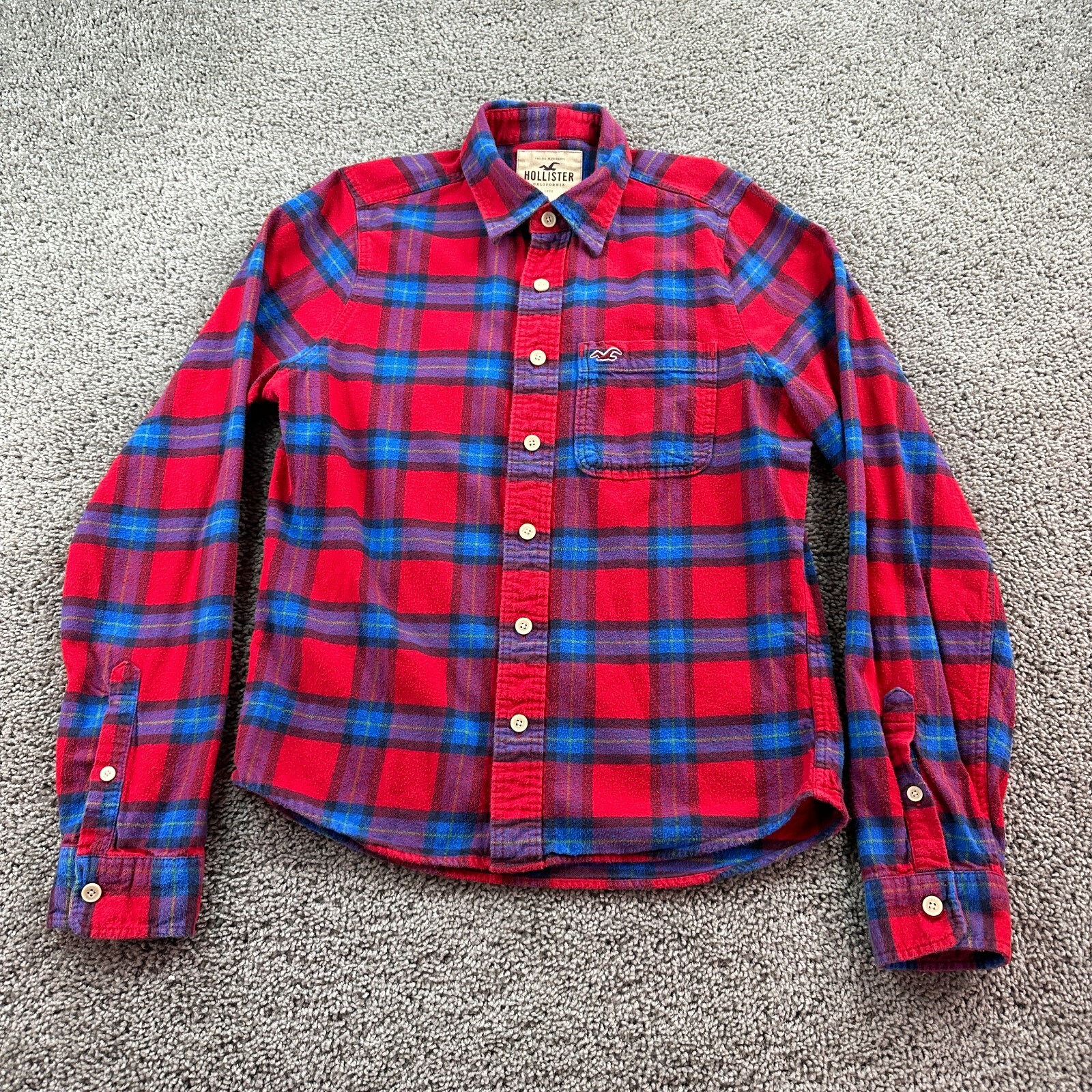 Hollister Flannel Shirt Mens Large Red Blue Plaid Long Sleeve Cotton Button Up-image