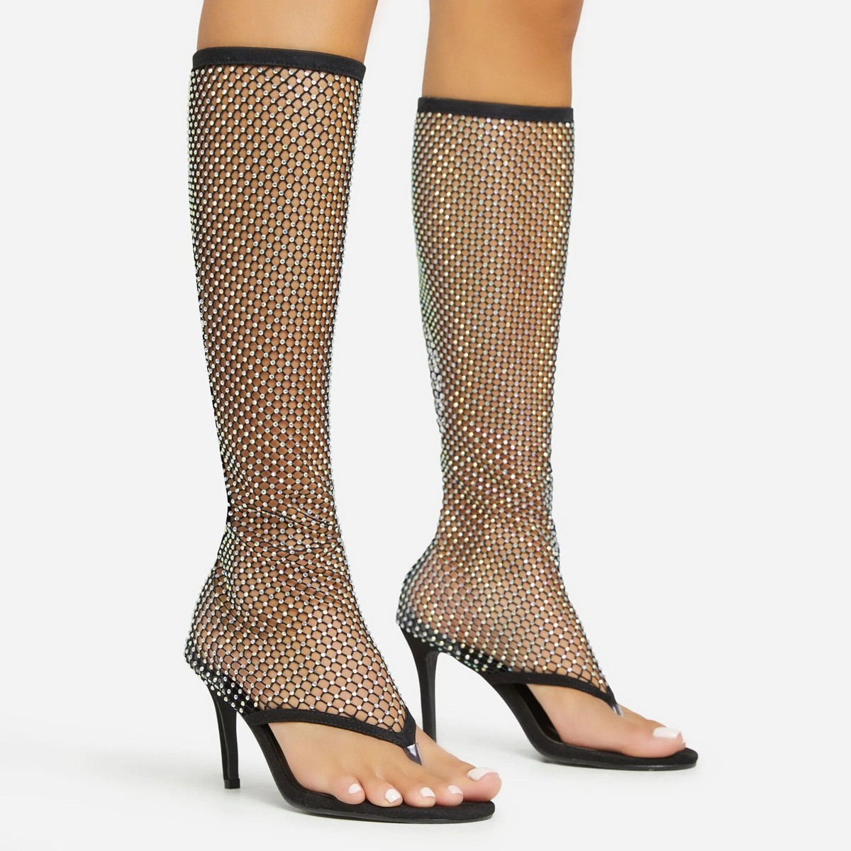 Sandals Fishnet Shoes New Rhinestone Fishnet Mesh Knee High Sandal Boot  Thong Open Toe, image size:1200x1200