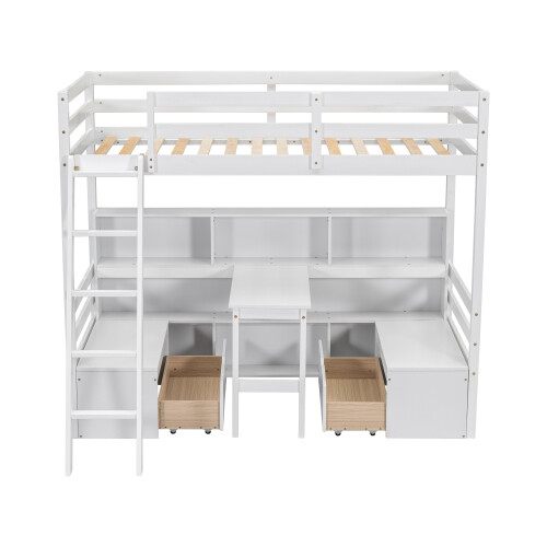Modern Wood Loft Bed with Desk Storage Drawers Bookshelves Twin Size Bed Frames - Picture 12 of 24