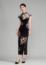 Black Floral Velvet Long Qipao Cheongsam Dress Plum Blossoms