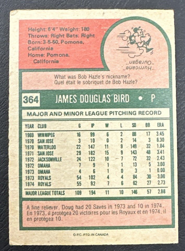1975 OPeeChee OPC Baseball 364 Doug Bird Kansas City Royals eBay