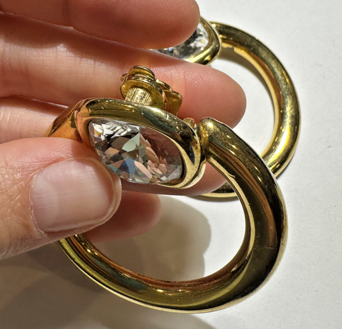 Grande Sfaccettato Cristallo Porta Battente Clip Cerchio Color Oro Orecchini - Foto 5 di 9