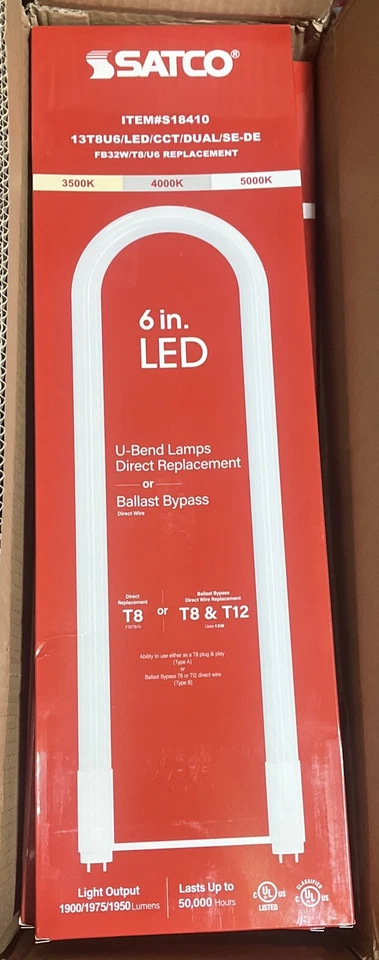 12 PK Satco S18410 - 6” LED U-Bend Lamps 13W T8 50000Hrs Med Bi Pin Base TypeAB - Image 3 of 4
