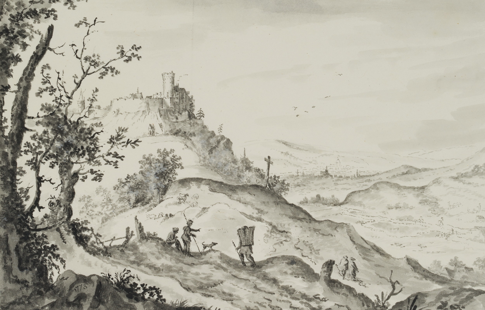 K. HOOG (siglo XIX), paisaje montañoso con castillo, 1842, dibujo al pincel romance