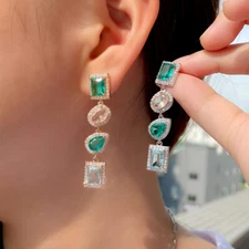 Silver Plated Dangle Drop Earrings Women Geometric Cubic Zirconia Bridal Jewelry