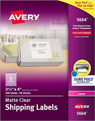 Avery 5664 Matte Clear Address Shipping Label Laser Printer 3-1/3''x4'' 300 Labels