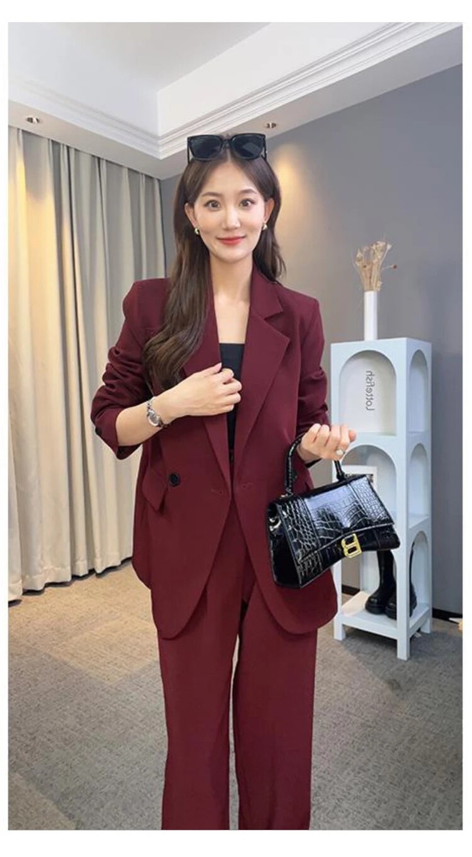 Burgundy Blazer Pantsuit Loose Jacket Pants 2 Piece Set Busines