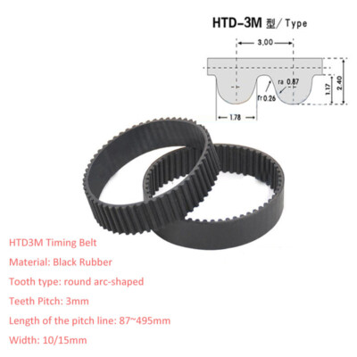 HTD87~495/pitch 3mm Black Rubber Gear Timing Belt Transmission Drive Belts