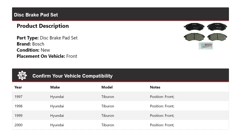 Керамические передние тормозные колодки QuietCast для Hyundai Tiburon Bosch 1997-2000 годов выпуска 1998 1999 годов выпуска - Изображение 2 из 3