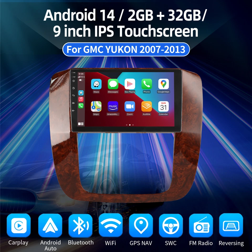 9" For 2007-2013 GMC Yukon Wireless CarPlay Android 14 Radio Stereo GPS Navi FM - Image 2 of 4