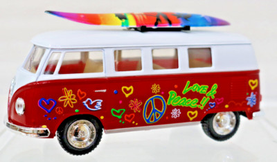 !962 VW Bus Classic Graffiti Red w/ Surf Board Pull Back Door & Window Open