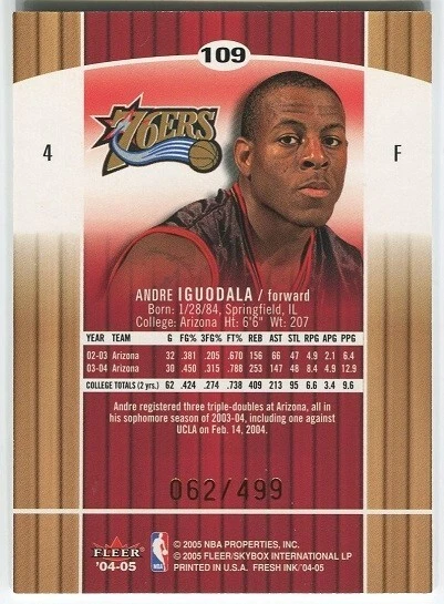 ANDRE IGUODALA 2004/05 FLEER FRESH INK #109 ROOKIE RC #062/499 Sixers - Image 2 of 2