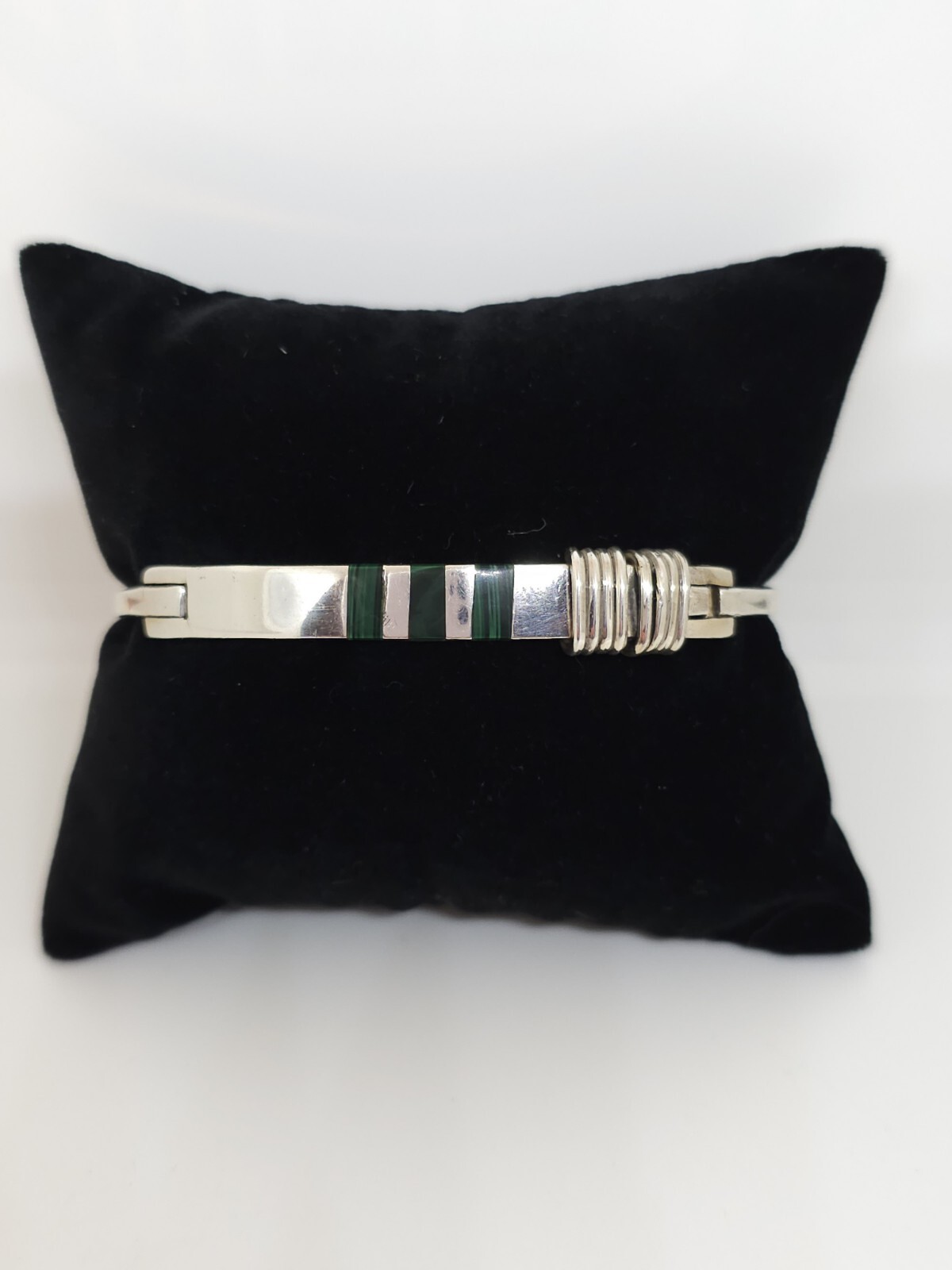 Sterling Silver Hinged Malachite Bangle Bracelet … - image 1