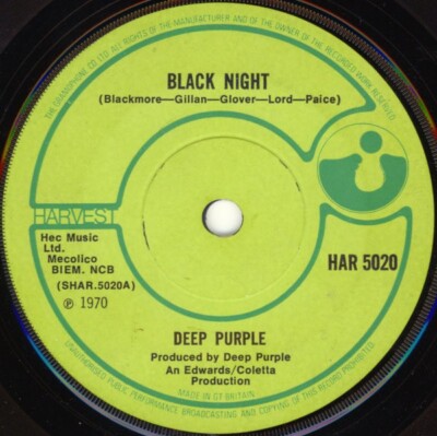 Deep Purple - Black Night / Speed King : 7'' Single Vinyl Record : 1970 : Harvest