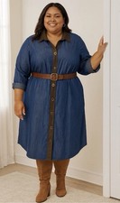 Soft Surroundings 1X Urbina Chambray Midi Dress Turn-Lock Accents Faux Suede