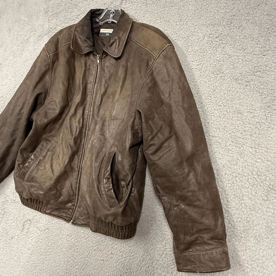 Savile Row Leather Jacket Mens Medium Brown Bomber Zip Front Elastic Hem Lined - Image 3 of 4