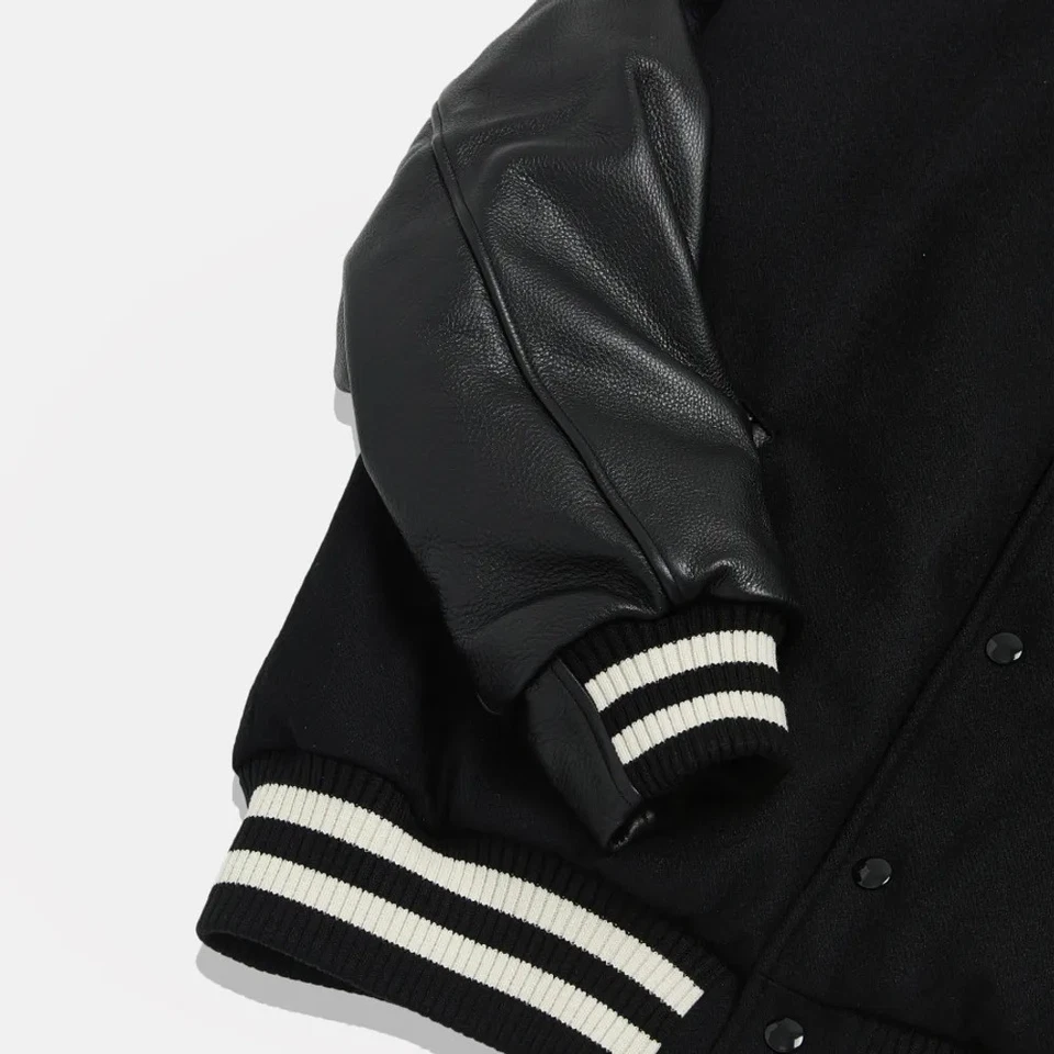 Unisex Black Wool Leather Drop Shoulder Athletic Letter College Varsity Jacket - Image 3 of 4