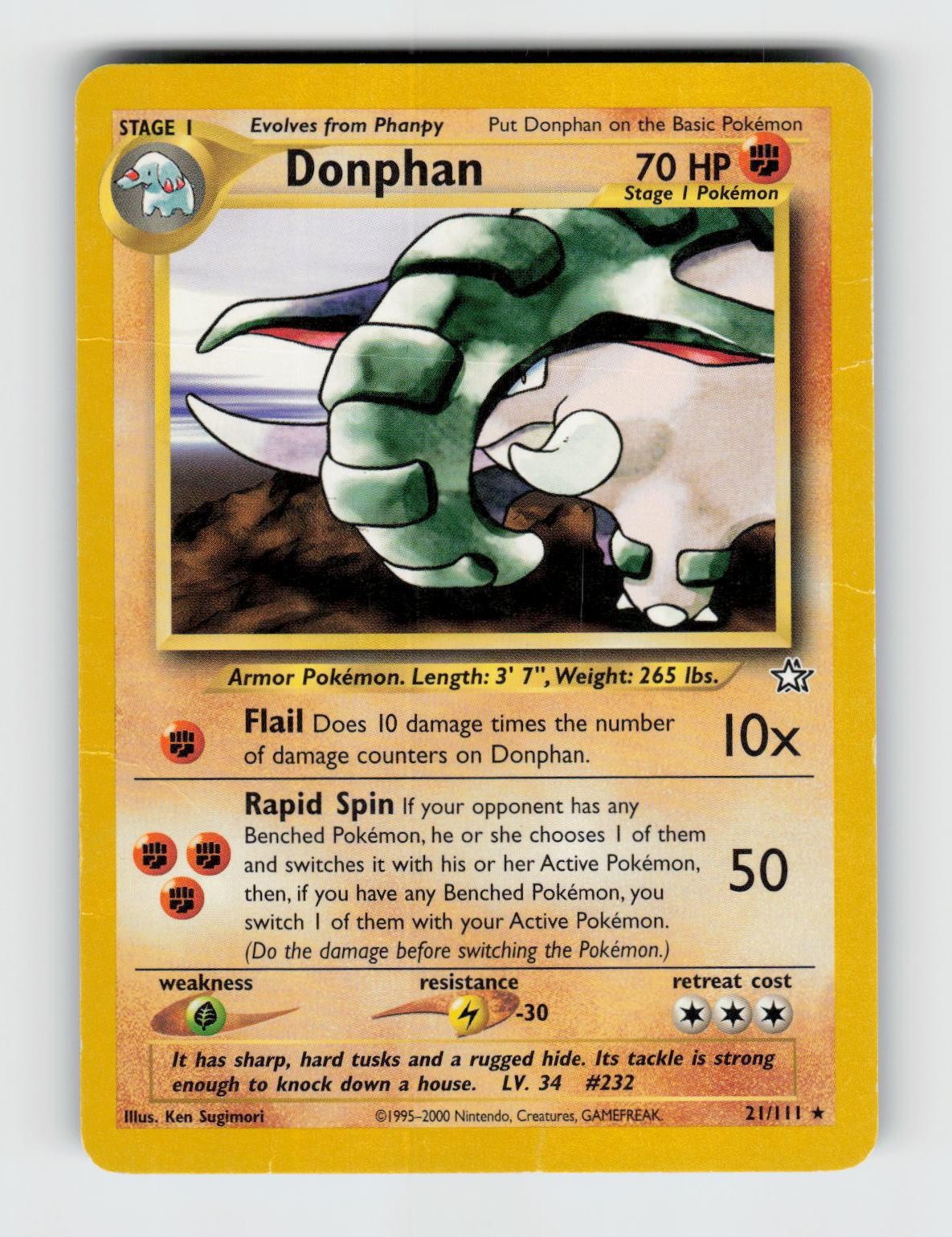 Donphan 21/111 Unlimited Rare Neo Genesis Pokemon 2000 Heavily Played