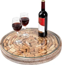 Wooden Wine Cork Holder, Rustic Round Tray for Wine Cork Collector, Wooden and G