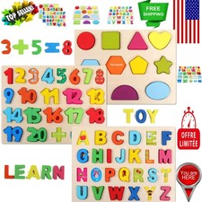Montessori Style Wooden Learning Puzzles - Alphabet, Numbers  Shapes for Kids