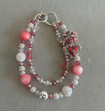 Pink  Red Glass Beaded purse charm, Silver Heart Dangle, Toggle Closure
