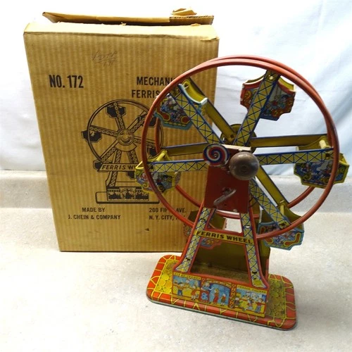 Vintage Tin J. Chein Wind Up Mechanical Ferris Wheel Toy, 172, U.S.A. Works