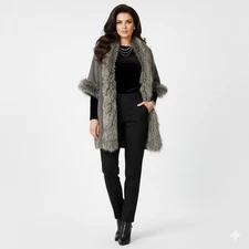 Kenar Penny Lane Cardigan Womens M Gray Brown Alpaca Wool Faux Fur Fuzzy Glam