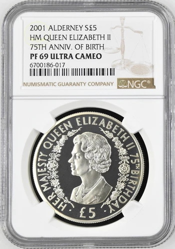 2001 Alderney S5 Pounds Silver Queen Mother 75th Anniversary NGC PF 69 UC