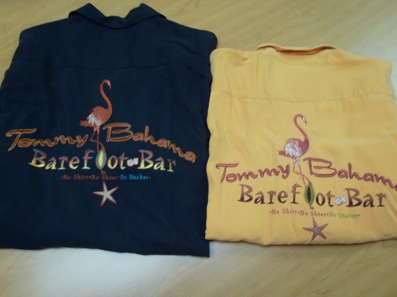 LOT TOMMY BAHAMA EMBROIDERED 100% SILK "BAREFOOT BAR" BLACK/ORANGE CASINO SHIRTS