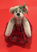 Miniature Stuffed Teddy Bear Holly Dress. Unsigned, Articulated Arm, Leg, Head