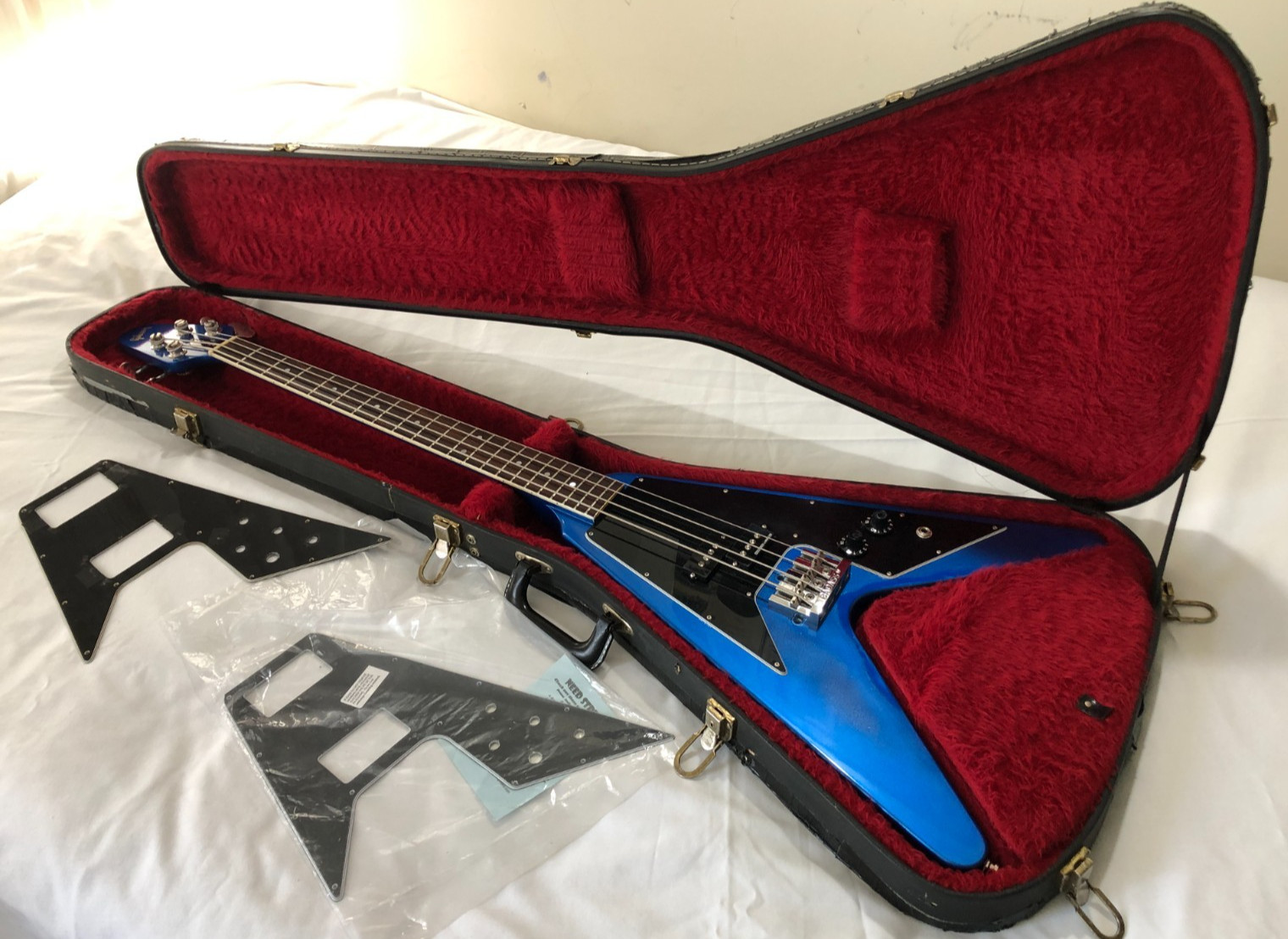 1981 Gibson Flying V Bass Trans Blue Refinished With Upgrades and Extras