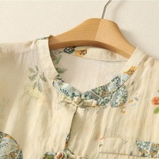 Lady Blouse Shirt Tops Vintage Floral Frog Button Loose 3/4 Sleeve Ethnic Casual