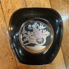 Vintage Art of Chokin Vase Black Lacquer Floral Cart 24K Gold Inlay Small 5"