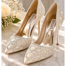 Badgley Mischka Ivory Satin Crystal Embellished Pointed Toe Pumps Heels 8