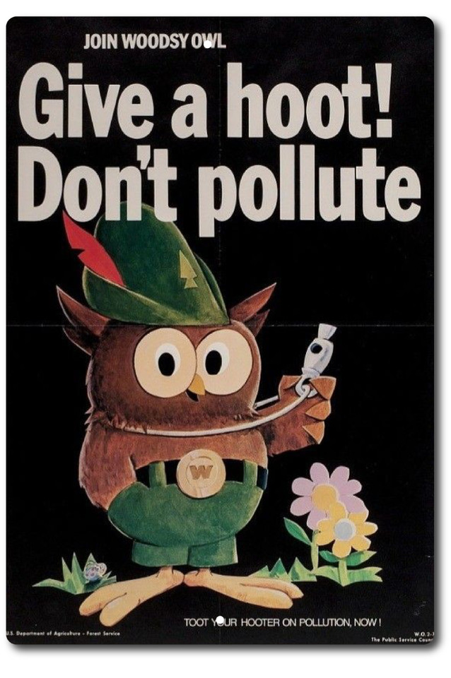 Woodsy Owl's 'Give a Hoot, Don't Pollute' — a genuine slice of 1970s EPA nostalgia that doubles as a deadpan-cool conversation piece.