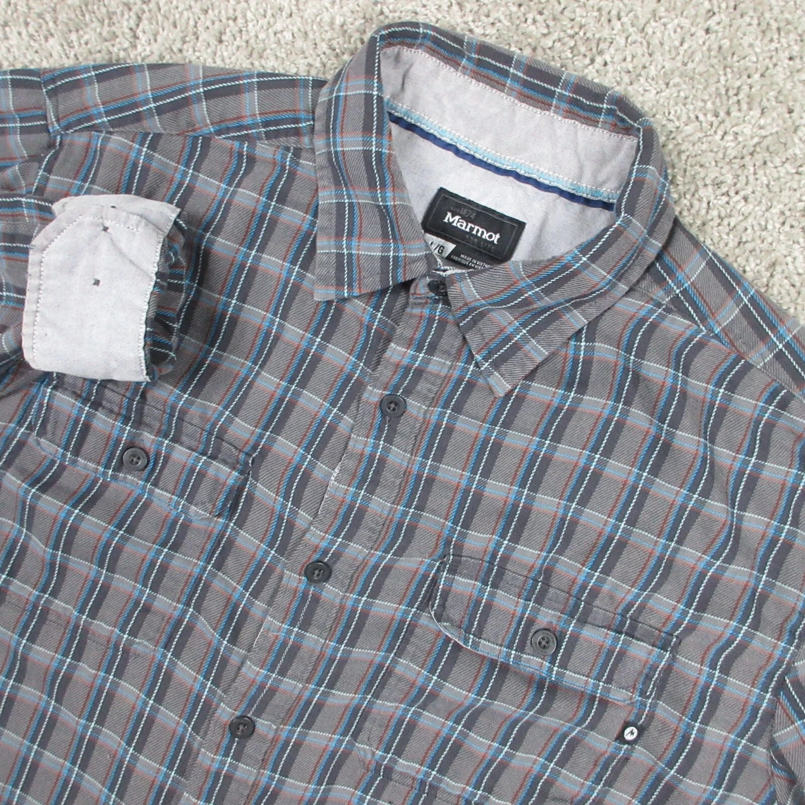 Marmot Shirt Mens Large Gray Plaid Flannel Flip Cuff Outdoor Twill Button Up