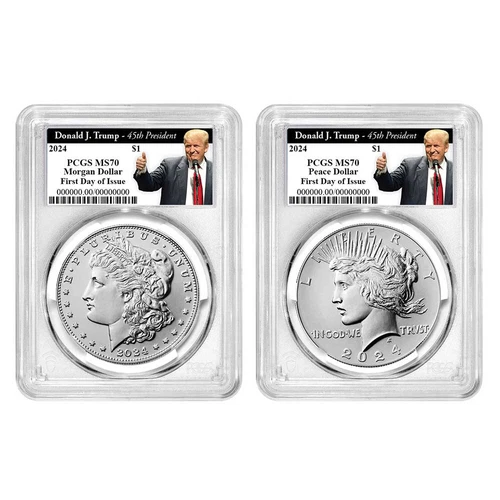 2024 $1 Morgan and Peace Silver Dollar 2pc Set PCGS MS70 FDOI Trump 45th Pres...