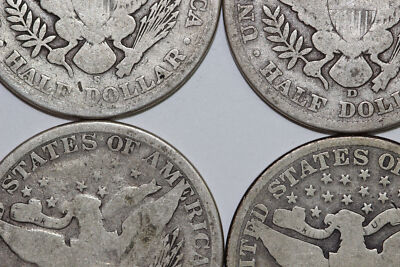 4-1907 MINTS D-S-P-O Grades G-G-G-VG Barber 90% Silver Half Dollar