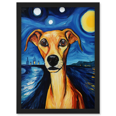Van Goghs Dog Artwork Night Scene Full Moon Painting Framed Wall Art Print A4