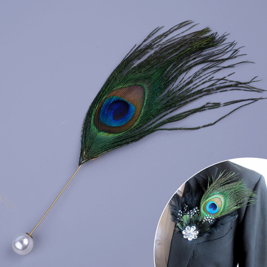 Peacock Feather Plume Boutonniere Lapel Brooch Stick Pin Fit For Tie Hat Scarf