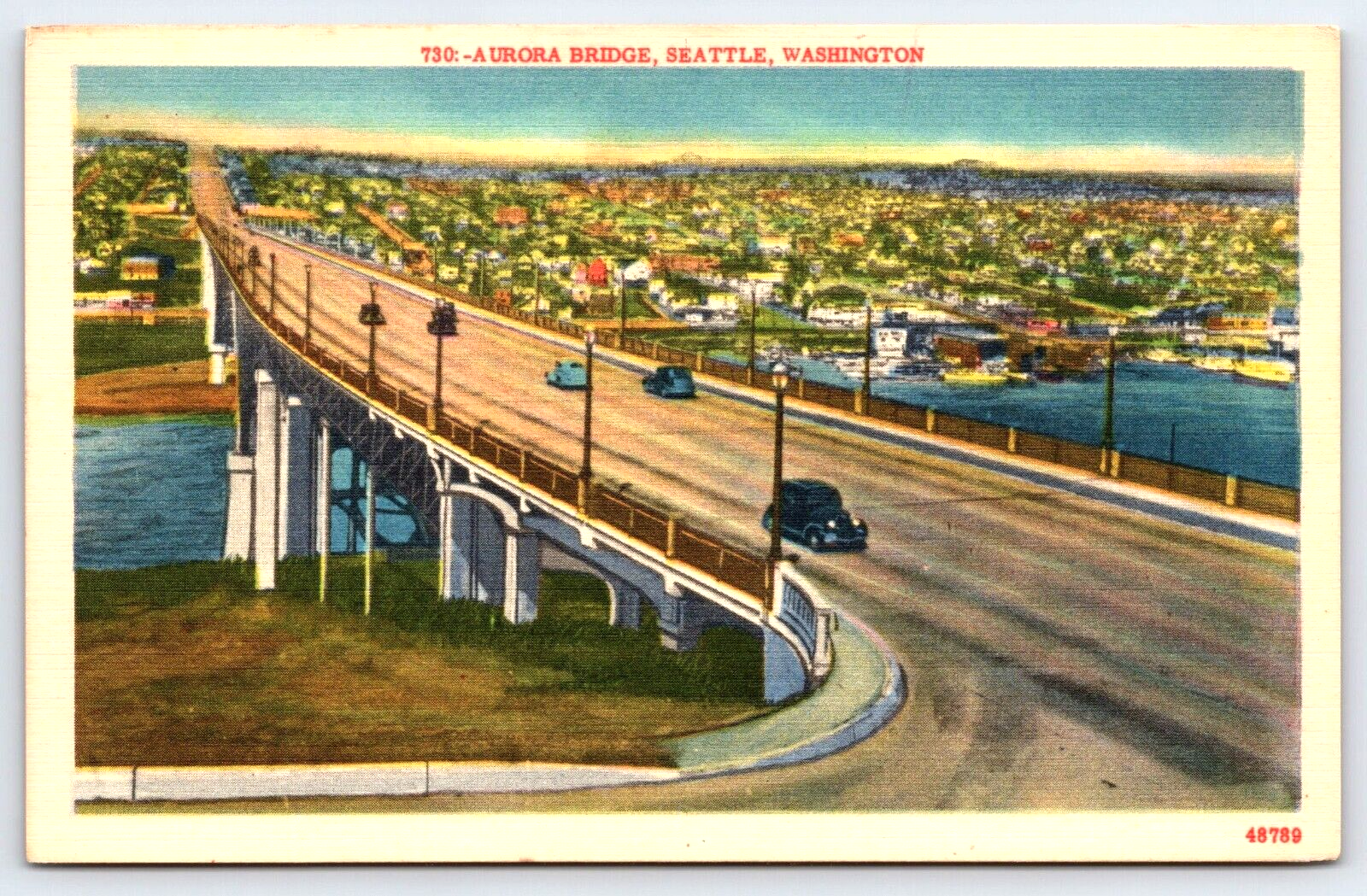Original Vintage Postcard Aurora Bridge Cars Ship Canal Seattle Washington USA