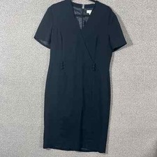 Shomi Dress Womens 10 Black Faux Wrap Knee Length Buttons Office Career Work