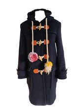 Gorman Ladies Navy Blue Wool Mix Leather Trim Hooded Duffle Coat. Small/uk 8-10.