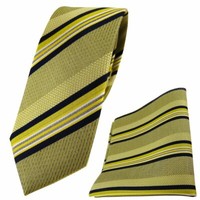 Schmale Tigertie Seidenkrawatte + Einstecktuch Gelb Schwarz Weiss Gestreift