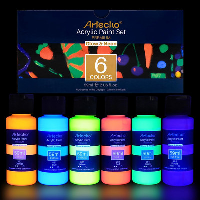 Artecho Fluoreszierende Farbe Leuchtfarbe 6X59 Ml, Schwarzlicht Farbe Nachtleuch