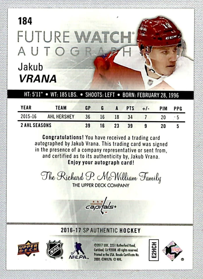Jakub Vrana 2016-17 SP Authentic Future Watch Rookie Auto /999 #184 Washington - Image 2 of 2